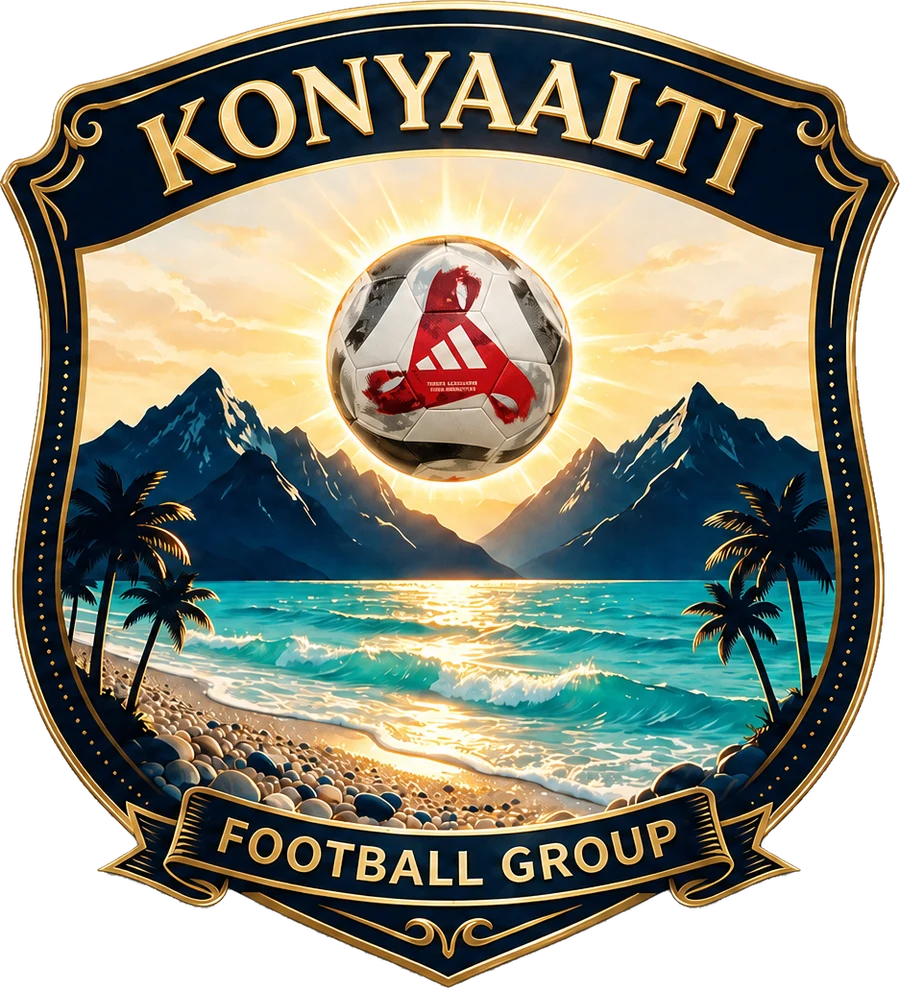 Konyaalti Football Group crest — a golden shield with a football rising like the sun over the sea and mountains of Antalya